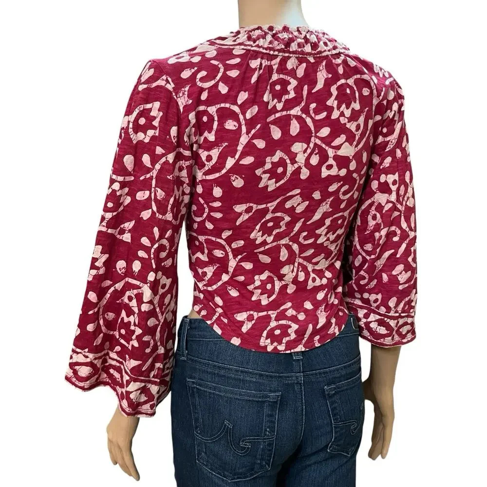 Free People On The Block Batik Print Top XS Bell Sleeve Cropped Boho Berry Combo